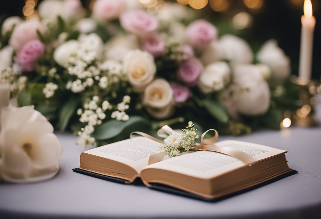 A small prayer book nestled among delicate flowers and ribbons on a table at a wedding reception