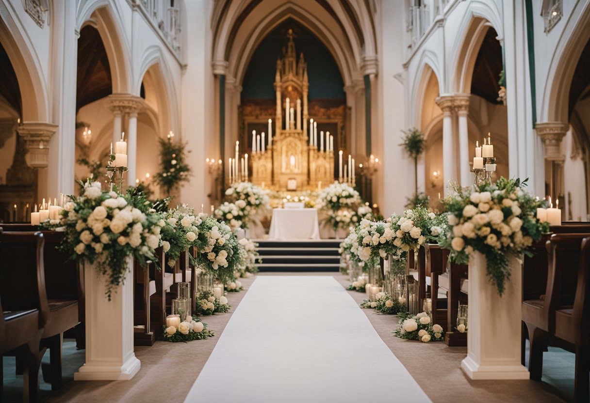 A bride and groom stand at the altar in a beautifully decorated church, surrounded by flowers, candles, and elegant decor