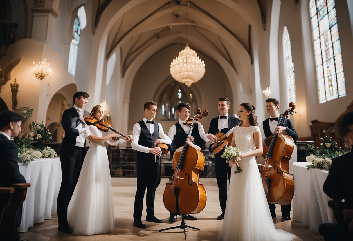 A string quartet performs in a grand wedding church, with elegant decor and soft lighting creating a romantic atmosphere