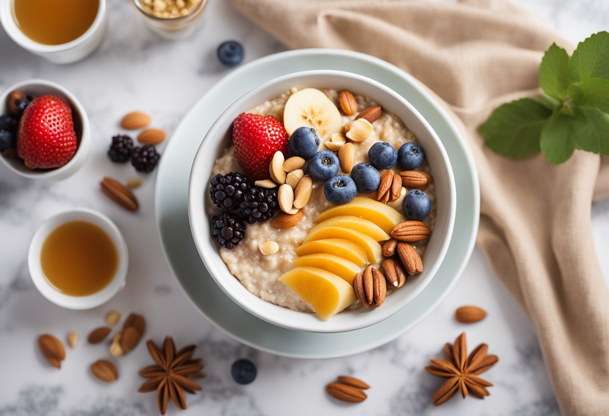 Uma tigela de aveia coberta com frutas frescas e nozes, cercada por uma variedade de ingredientes como mel, iogurte e canela