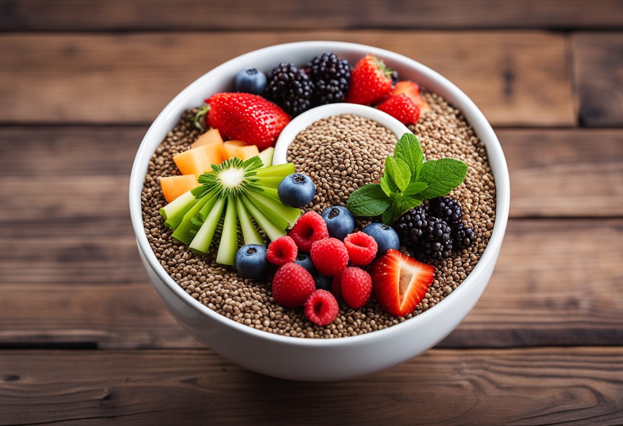 Uma tigela colorida cheia de sementes de chia e linhaça cercada por frutas e vegetais frescos em uma mesa de madeira