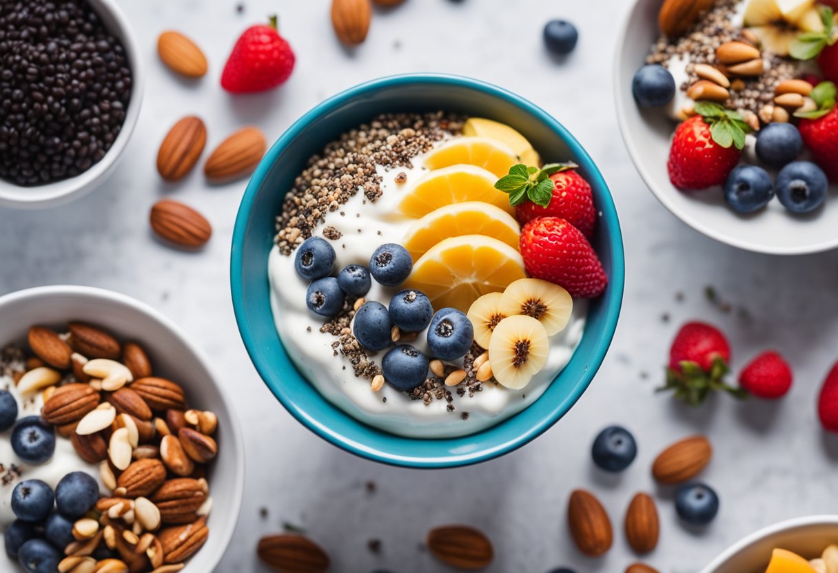 Uma tigela de iogurte coberta com uma pitada de sementes de chia e linhaça, cercada por uma variedade de frutas frescas e nozes