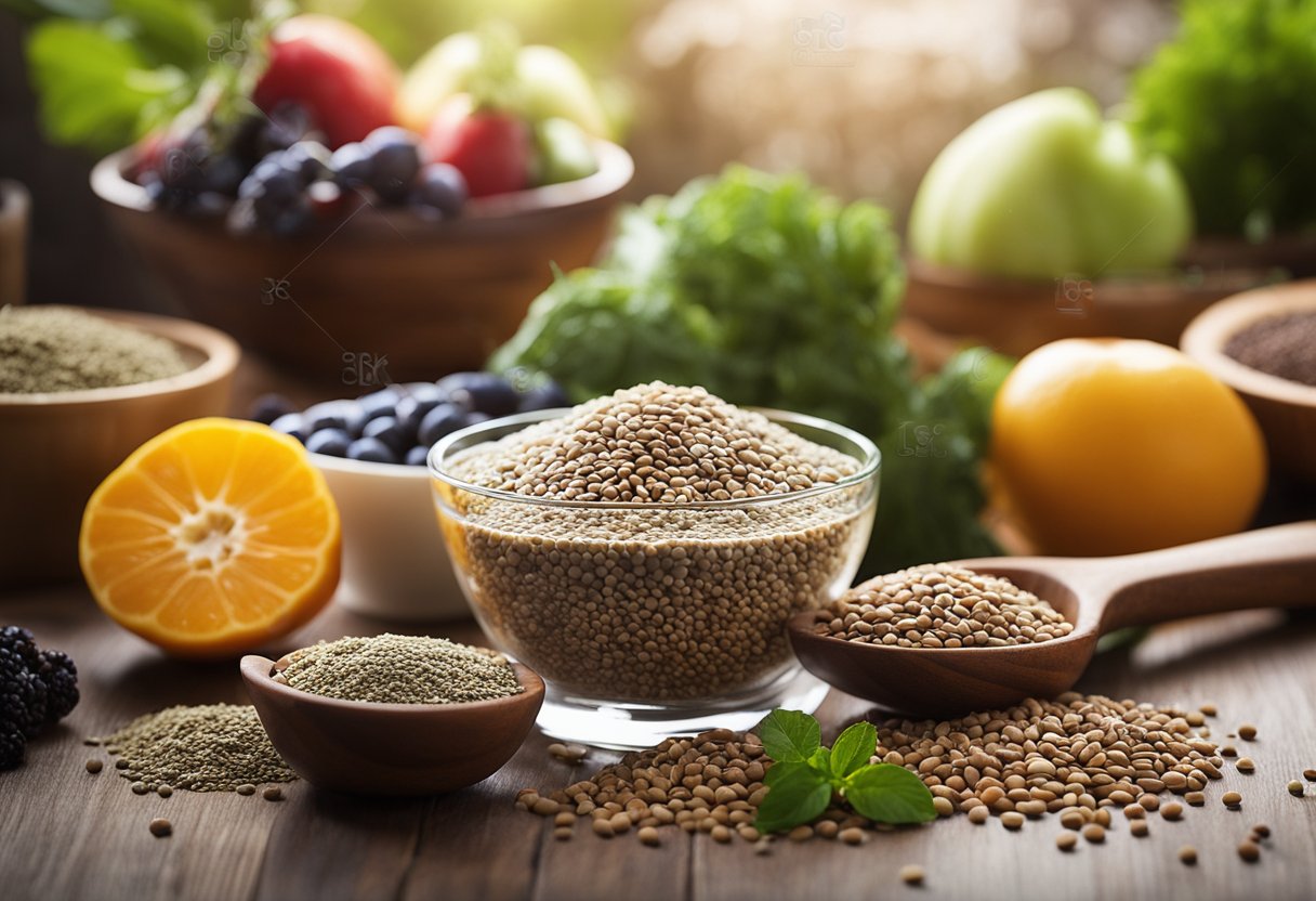 Várias sementes como chia e linhaça espalhadas por uma mesa, cercadas por frutas e vegetais frescos. Um copo de água e uma colher de medida estão próximos, enfatizando seu papel em uma dieta saudável.