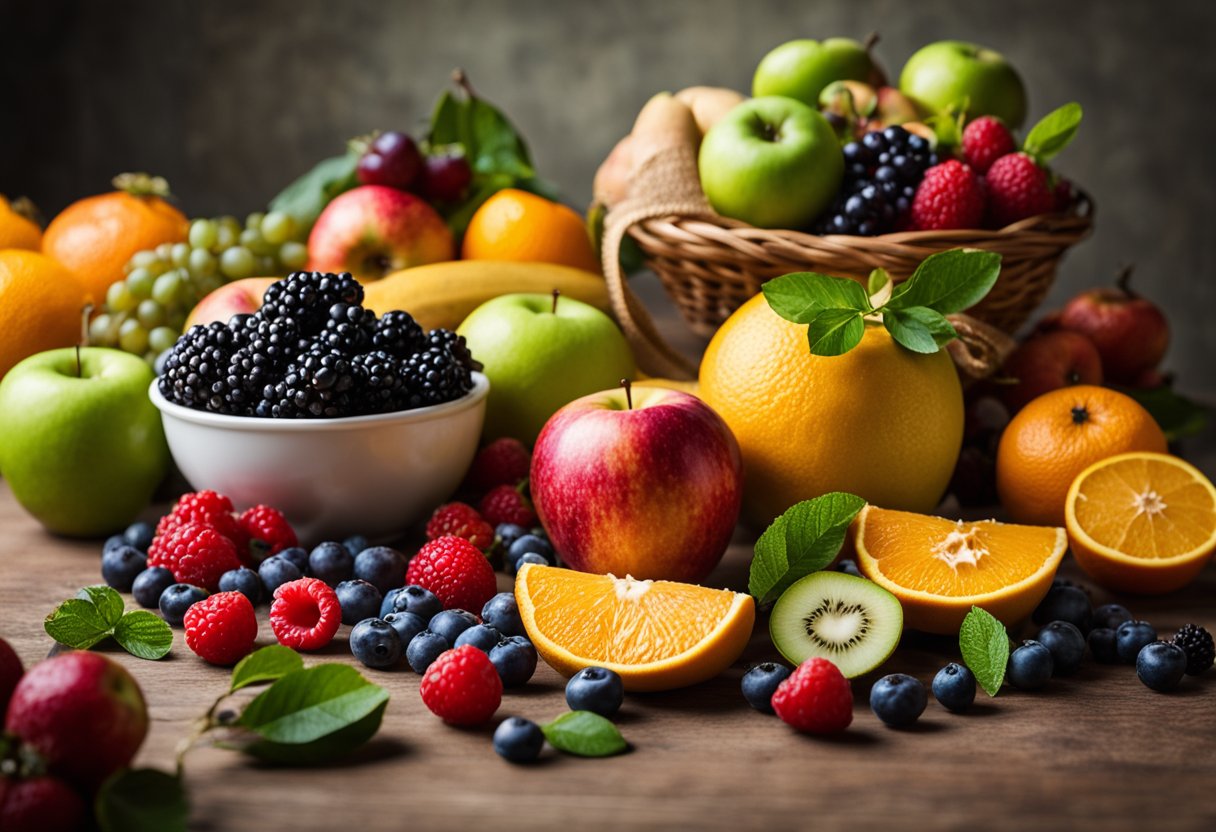 Uma variedade vibrante de frutas como frutas vermelhas, maçãs e cítricos dispostas em uma mesa, cercadas por uma fita métrica e uma balança