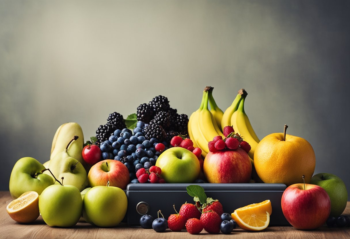 Uma variedade colorida de frutas dispostas em uma exibição vibrante, incluindo maçãs, frutas vermelhas, cítricos e bananas, com uma fita métrica e uma balança próximas.