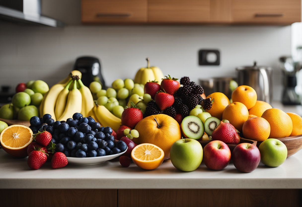 Uma variedade colorida de frutas sortidas dispostas em uma bancada de cozinha, com uma variedade de frutas como maçãs, bananas, frutas vermelhas e frutas cítricas.