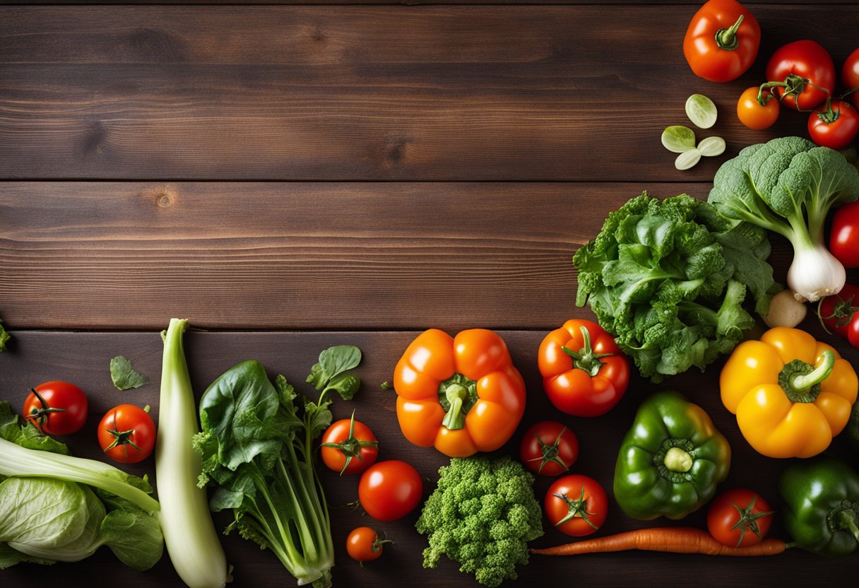 Uma variedade colorida de vegetais ricos em nutrientes, incluindo folhas verdes, cenouras, pimentões e tomates, dispostos de forma ordenada em uma tábua de madeira.