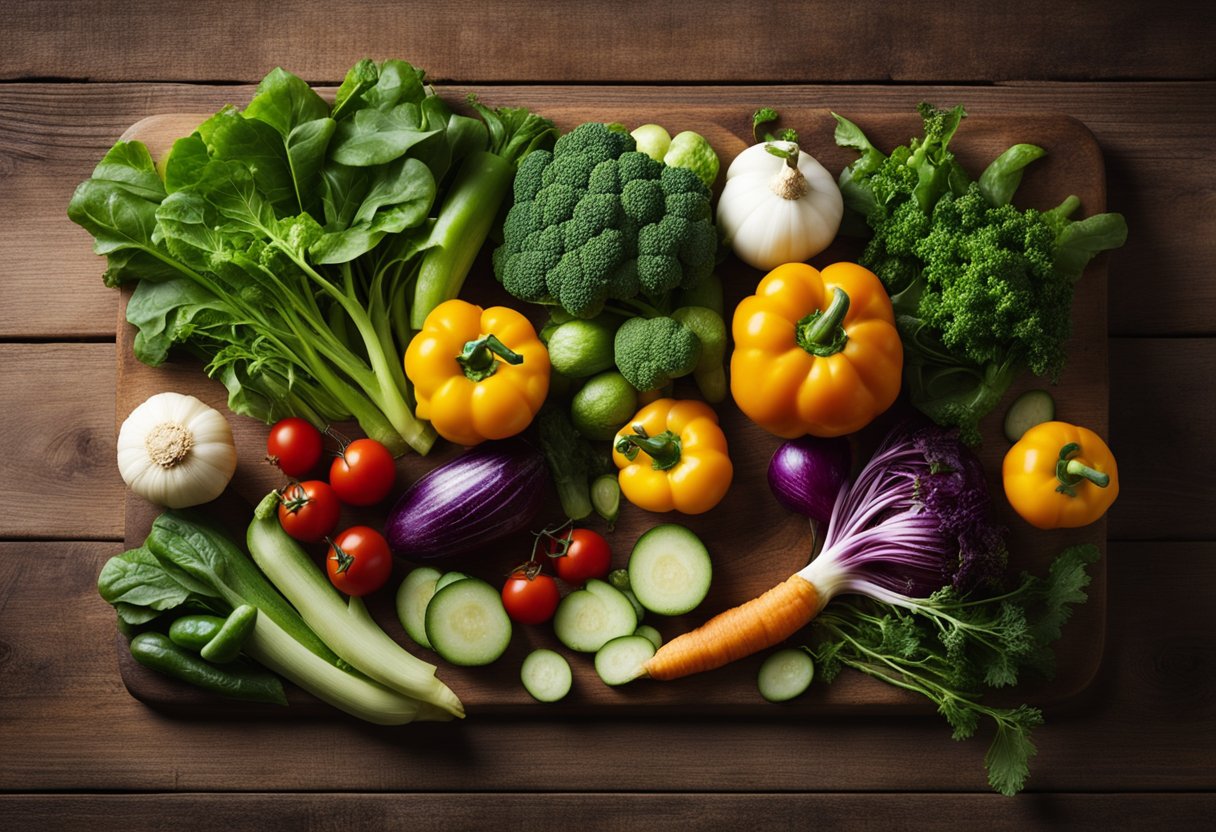 Uma colorida variedade de vegetais e verduras de baixa caloria dispostos em uma tábua de corte de madeira rústica