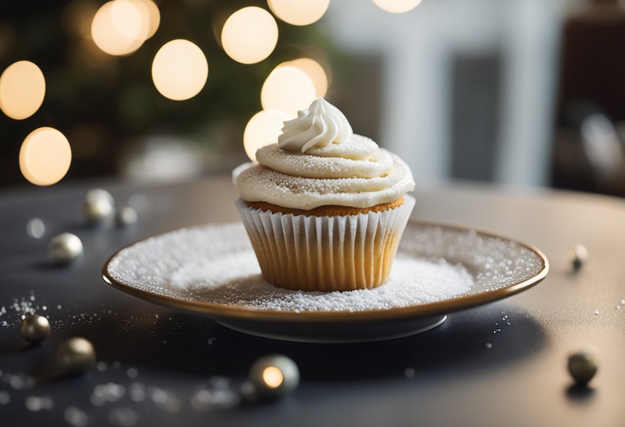 Um cupcake de baunilha sem açúcar em um prato decorativo com uma pitada de açúcar de confeiteiro e uma pequena fava de baunilha ao lado
