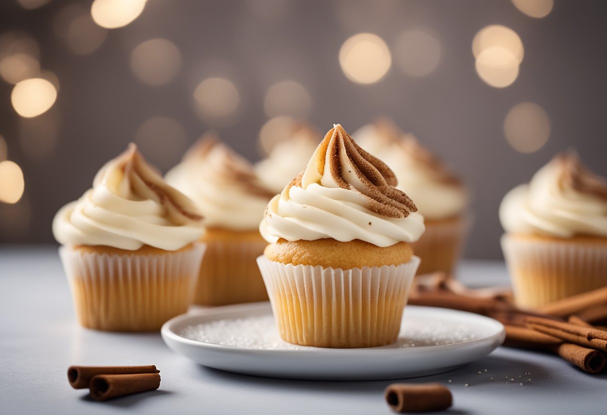 Um cupcake de baunilha sem açúcar em um prato, com uma pitada de canela por cima e um pequeno enfeite de cobertura sem açúcar em espiral.