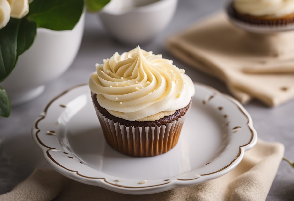 Um cupcake de baunilha sendo preparado com ingredientes sem açúcar, exibido em um prato decorativo
