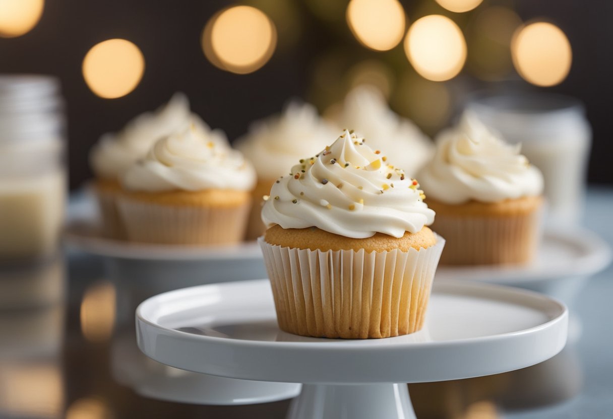 Um cupcake de baunilha com adoçantes sem açúcar exibido em uma mesa de sobremesas, com um rótulo amigável para diabéticos