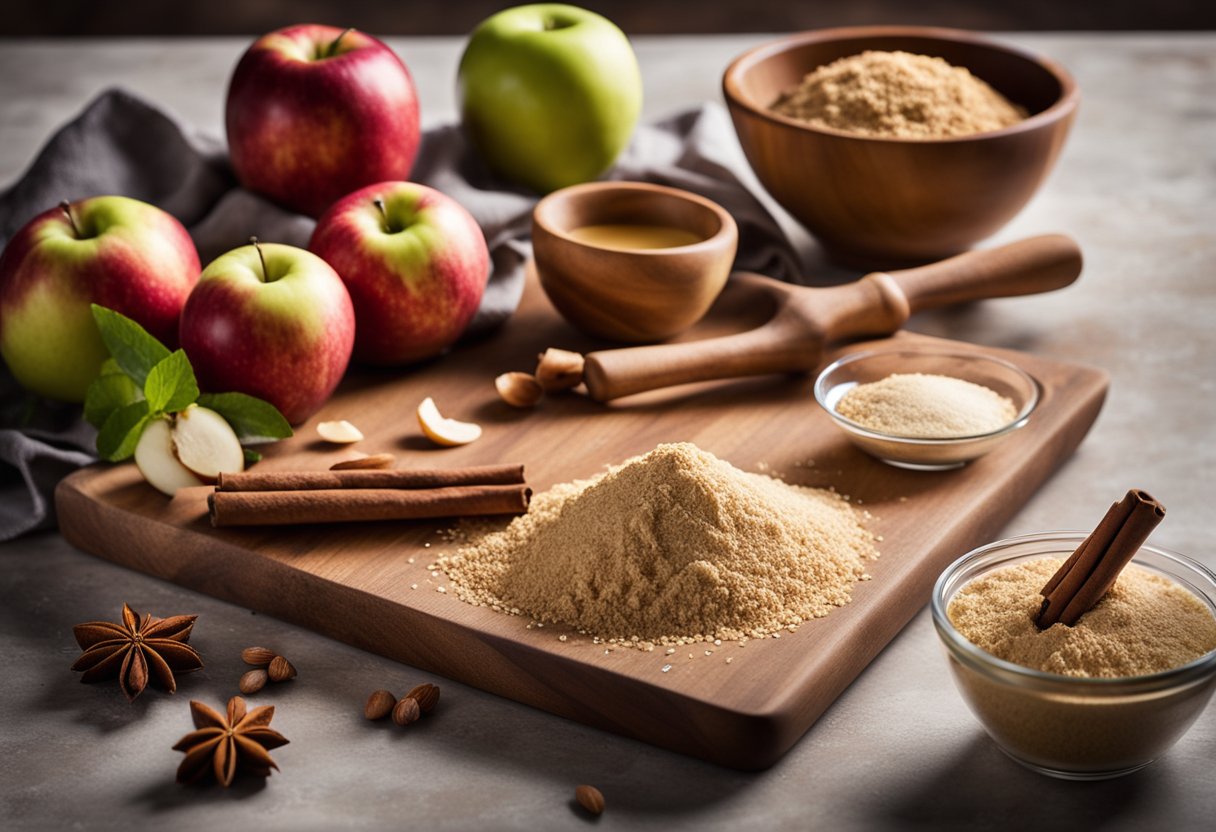 Uma bancada de cozinha rústica com uma tábua de cortar, uma pilha de maçãs frescas, uma tigela de mistura e um rolo de massa. Ingredientes como canela, farinha de amêndoa e estévia estão organizados de forma ordenada nas proximidades.