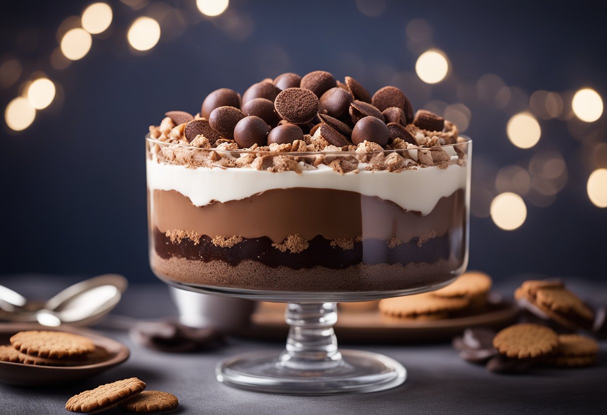 Um trifle de chocolate decadente repousa em um pedestal de vidro, camadas de mousse de chocolate cremosa e biscoitos esmigalhados cobertos com uma camada de cacau em pó.