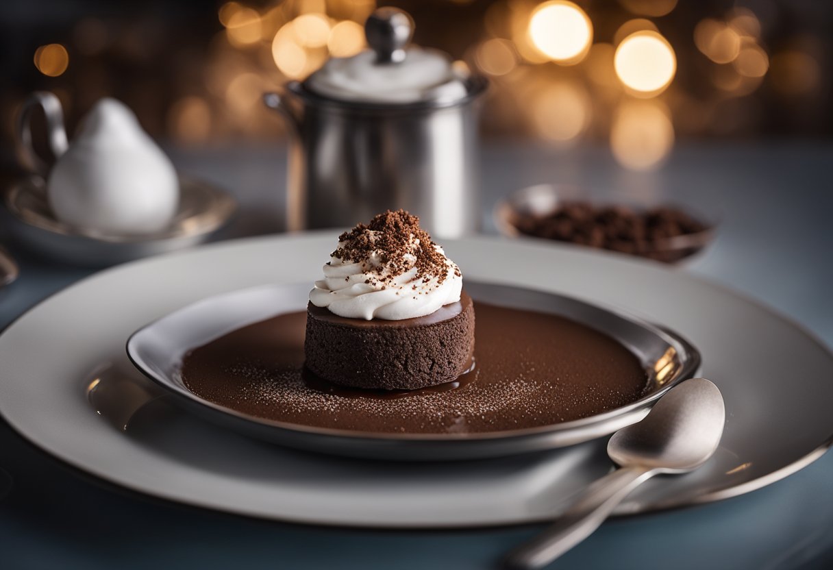 Um pavê de chocolate decadente repousa em um prato de vidro, adornado com uma camada de cacau em pó e uma colherada de chantilly sem açúcar.