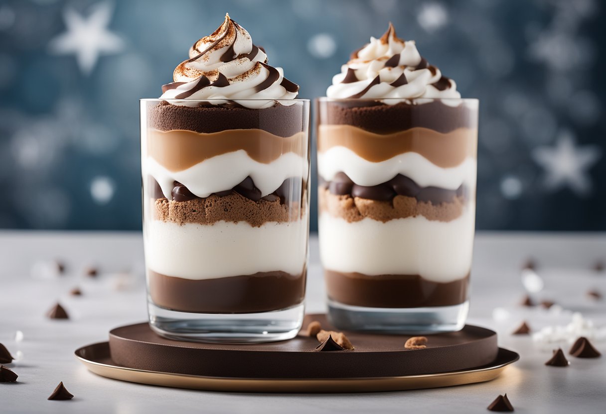 Um parfait de chocolate decadente repousa em um pedestal de vidro, coberto com um espiral de chantilly sem açúcar e uma pitada de cacau em pó.