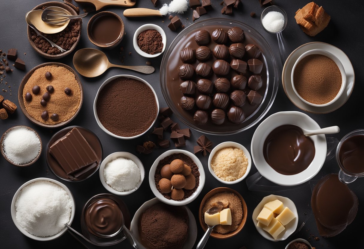 Uma sobremesa de chocolate decadente sendo preparada com ingredientes sem açúcar, cercada por vários utensílios de cozinha e ingredientes.