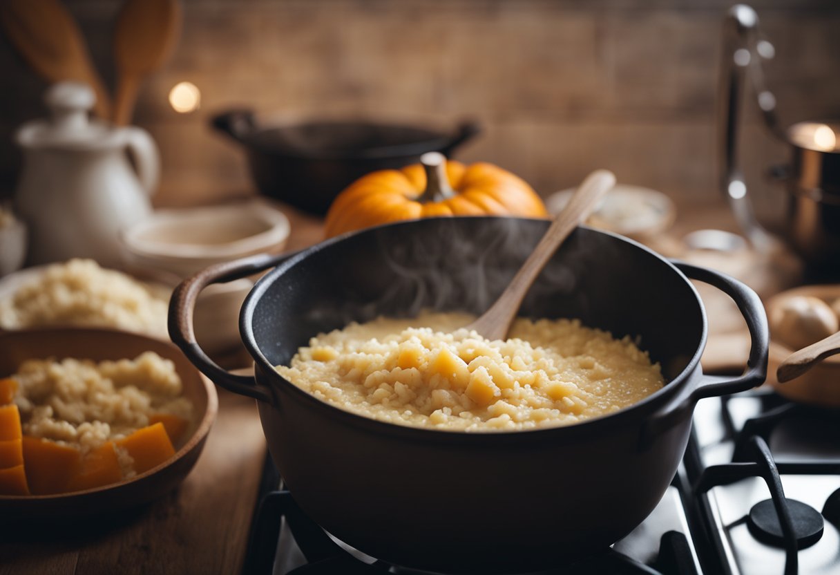 Um risoto cremoso de abóbora sendo mexido em uma grande panela fumegante em um fogão de cozinha rústico. Uma colher de pau repousa na borda da panela.