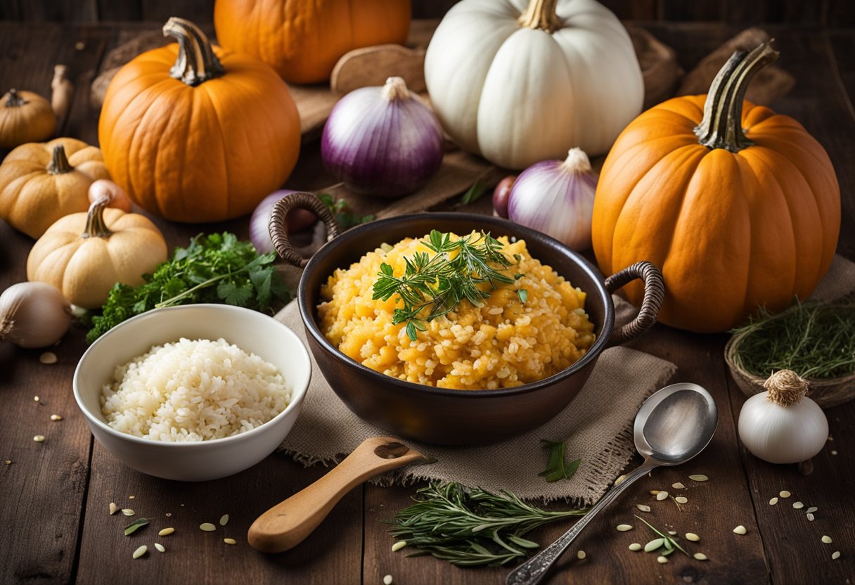 Uma mesa rústica de madeira com uma variedade de ingredientes frescos, como abóbora, arroz arbóreo, cebolas e ervas, juntamente com utensílios de cozinha e uma panela pronta para preparar um risoto de abóbora cremoso e fácil.