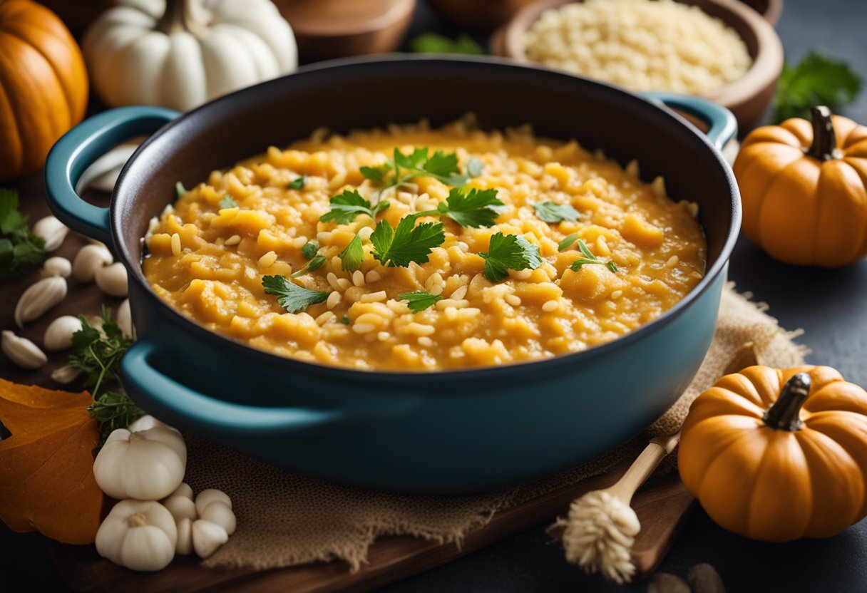 Uma panela de risoto de abóbora cremoso cozinhando em fogo baixo, cercada por ingredientes frescos e uma colher de pau