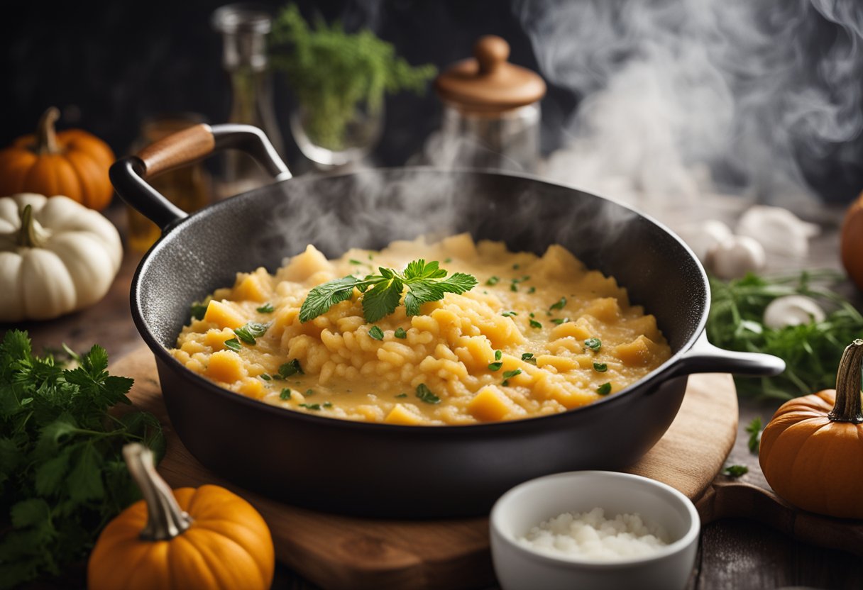 Um risoto de abóbora cremoso sendo mexido em uma panela, com vapor subindo e uma pitada de ervas frescas por cima