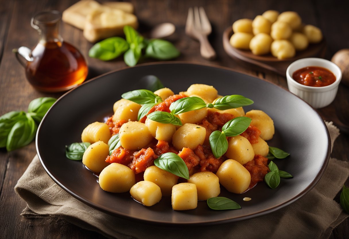 Uma mesa de madeira rústica com um prato fumegante de nhoque de batata em um rico molho de tomate, guarnecido com folhas frescas de manjericão