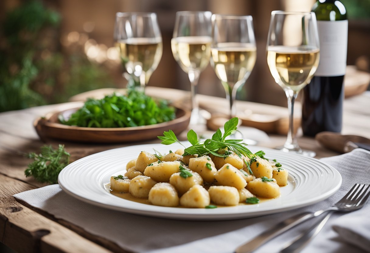 Uma mesa de madeira rústica com um prato de nhoque de batata caseiro, coberto com um molho saboroso e ervas frescas, acompanhado por um copo de vinho tinto.