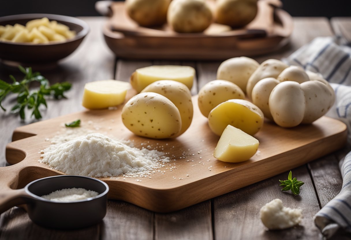 Uma tábua de madeira com batatas descascadas, um rolo de massa e uma tigela de farinha, com uma panela de água fervendo no fogão