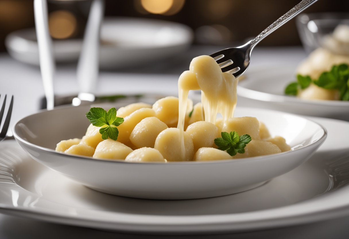 Um prato fumegante de nhoque de batata com um molho rico e cremoso sendo derramado sobre ele. Um garfo repousa ao lado, pronto para ser usado.