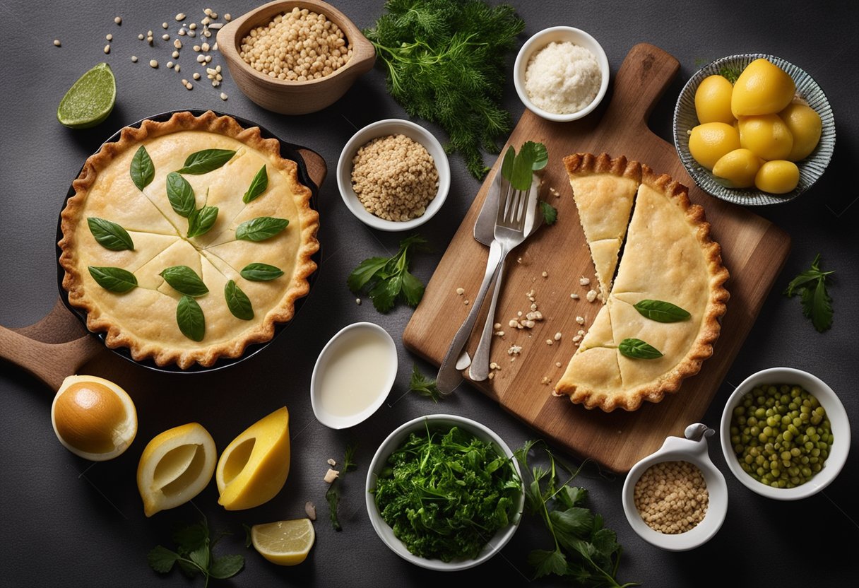 Uma cena simples de cozinha com ingredientes dispostos para uma torta de atum sem glúten, incluindo uma crosta folhada e um recheio saboroso de atum.
