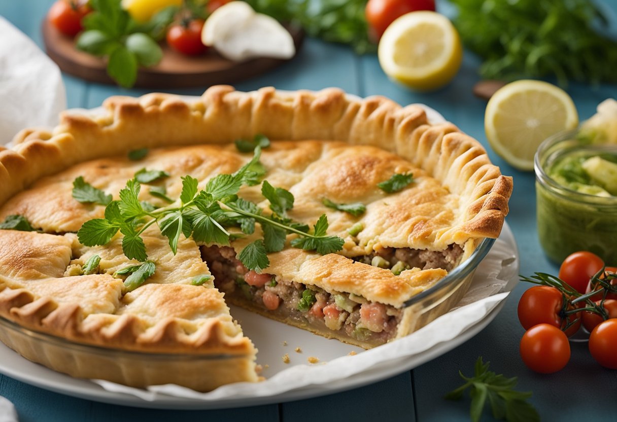 Uma torta de atum leve e fácil de fazer, com crosta sem glúten, rodeada por ingredientes frescos como tomates, ervas e uma lata de atum.