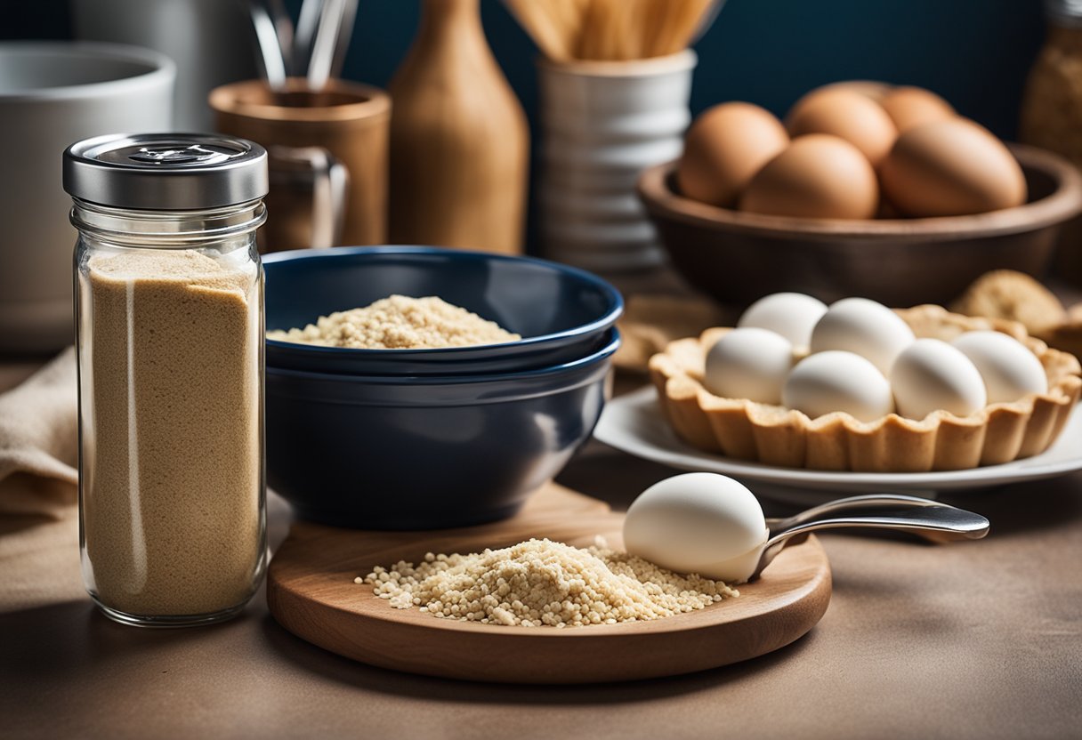 Uma bancada de cozinha com ingredientes e utensílios para fazer torta de atum sem glúten, incluindo uma lata de atum, ovos, farinha sem glúten e uma tigela para misturar.