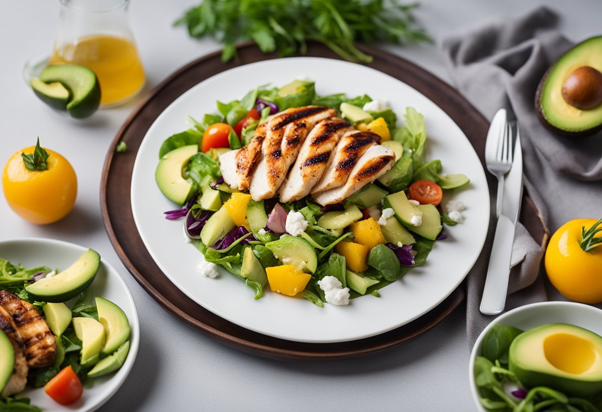 Uma salada fitness de frango grelhado e abacate, com cores vibrantes e ingredientes frescos, disposta em um prato branco.