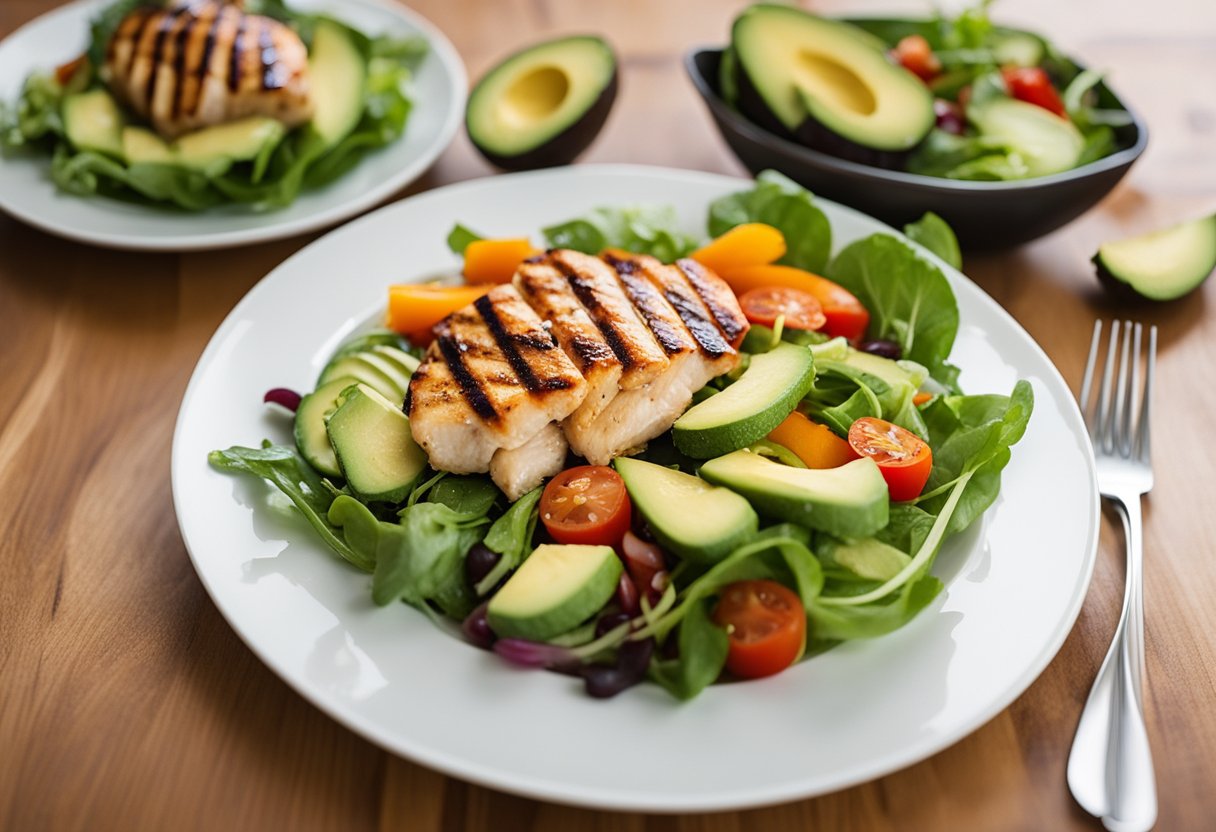 Salada fitness de frango grelhado e abacate, com uma variedade de vegetais frescos e folhas verdes, dispostos de forma organizada em um prato branco