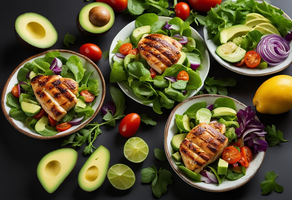 Uma salada de frango grelhado e abacate, com verduras frescas e vegetais coloridos, disposta de forma vibrante e apetitosa.