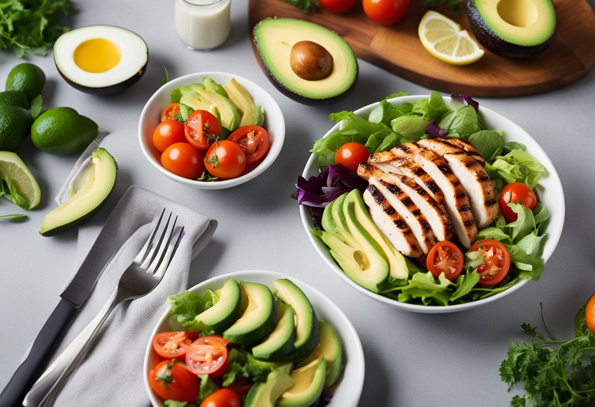 Uma tigela de salada colorida com frango grelhado, abacate e uma variedade de vegetais frescos e vibrantes