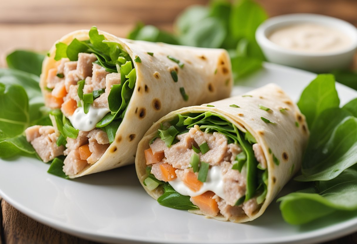 Uma wrap colorida recheada com atum, folhas verdes e molho de iogurte