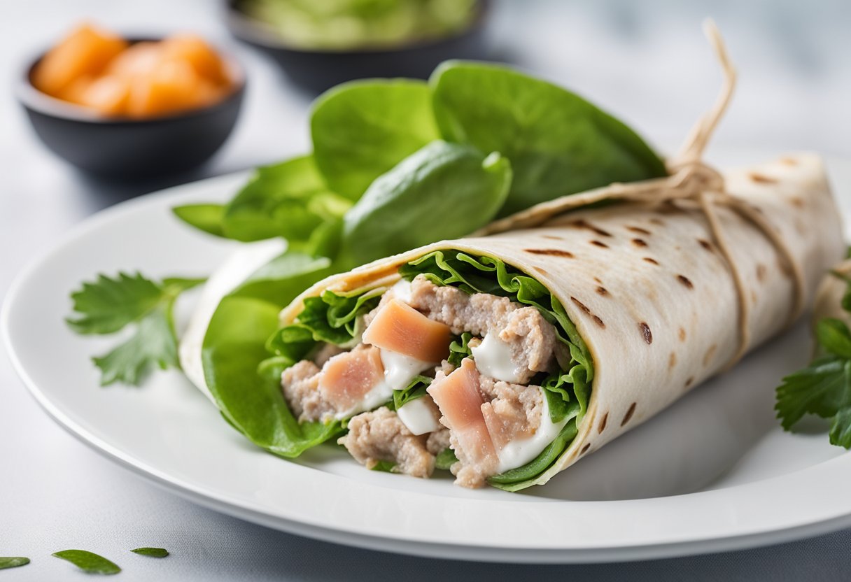 Uma wraps colorido recheado com atum, folhas verdes e molho de iogurte, repousando em um prato branco limpo.