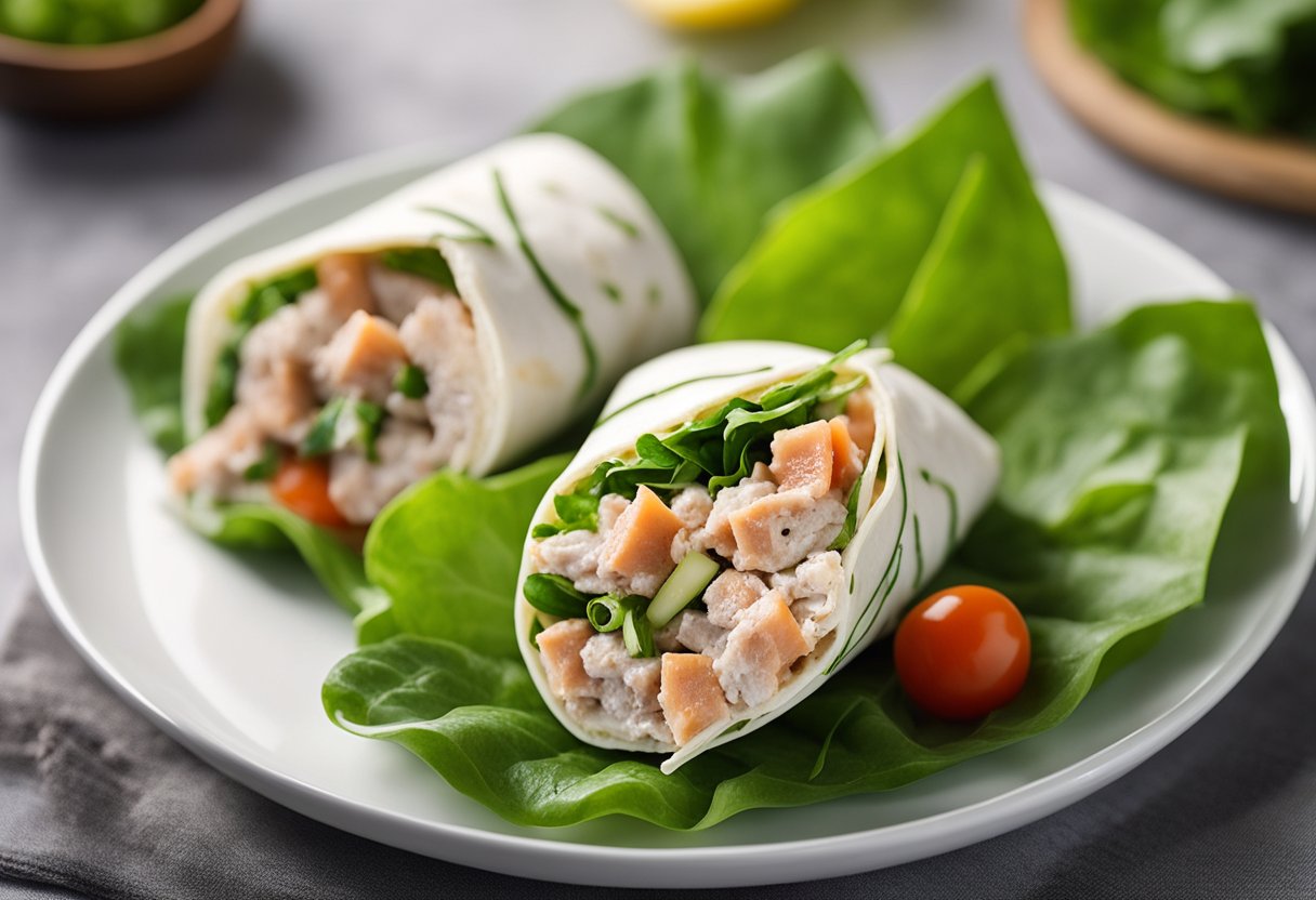 Um wrap colorido recheado com atum, folhas verdes e molho de iogurte, repousando em um prato branco limpo