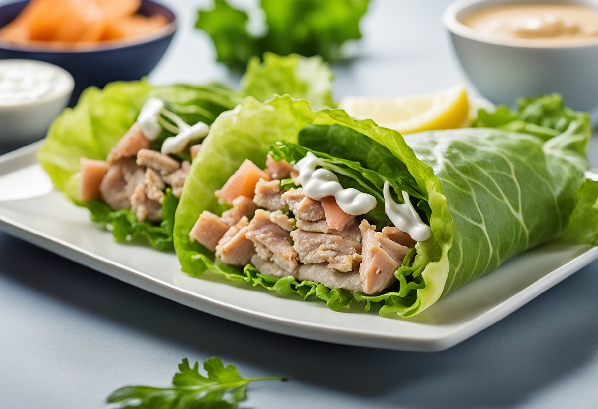 Um prato colorido com um wrap de atum recém-preparado, cercado por folhas verdes vibrantes de alface e regado com molho de iogurte cremoso.