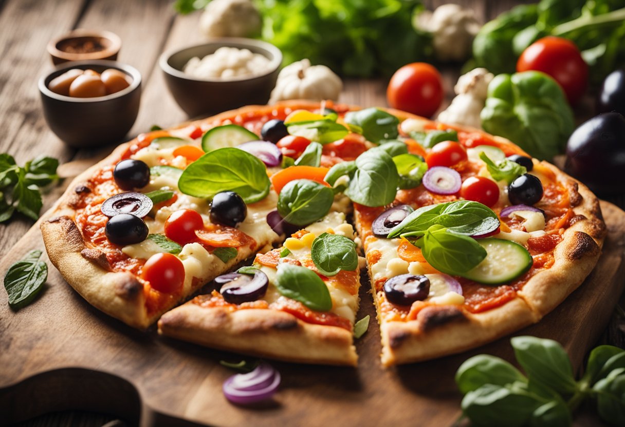 Uma pizza colorida com uma crosta leve de couve-flor coberta com ingredientes frescos e saudáveis, disposta sobre uma mesa rústica de madeira.