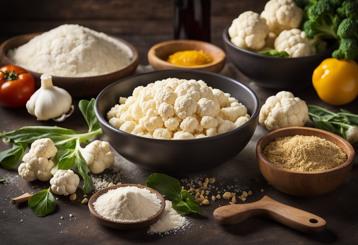 Uma mesa com ingredientes incluindo couve-flor, farinha e temperos. Uma tigela de mistura e um rolo de massa estão próximos para preparar a crosta de pizza de couve-flor.