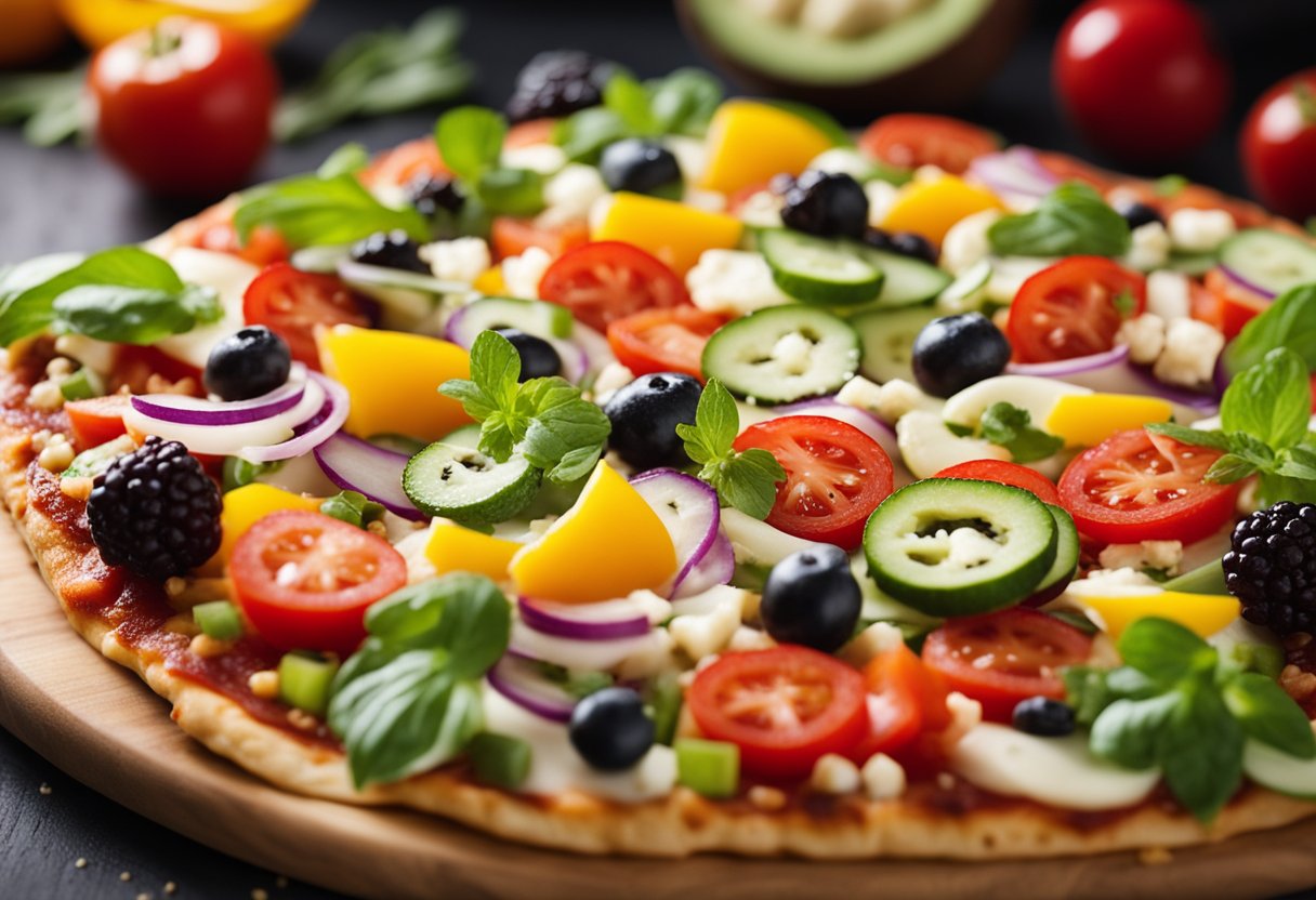 Uma variedade colorida de coberturas frescas e saudáveis sendo cuidadosamente dispostas em uma pizza com crosta de couve-flor, pronta para ser assada à perfeição.