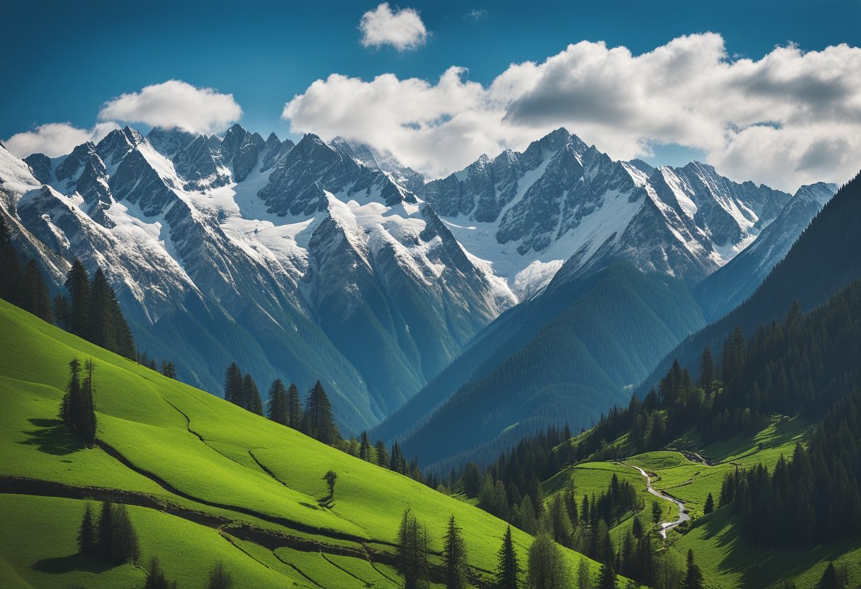 Lush green valley with clear blue skies and snow-capped mountains, showcasing the beauty of Kumrat in spring