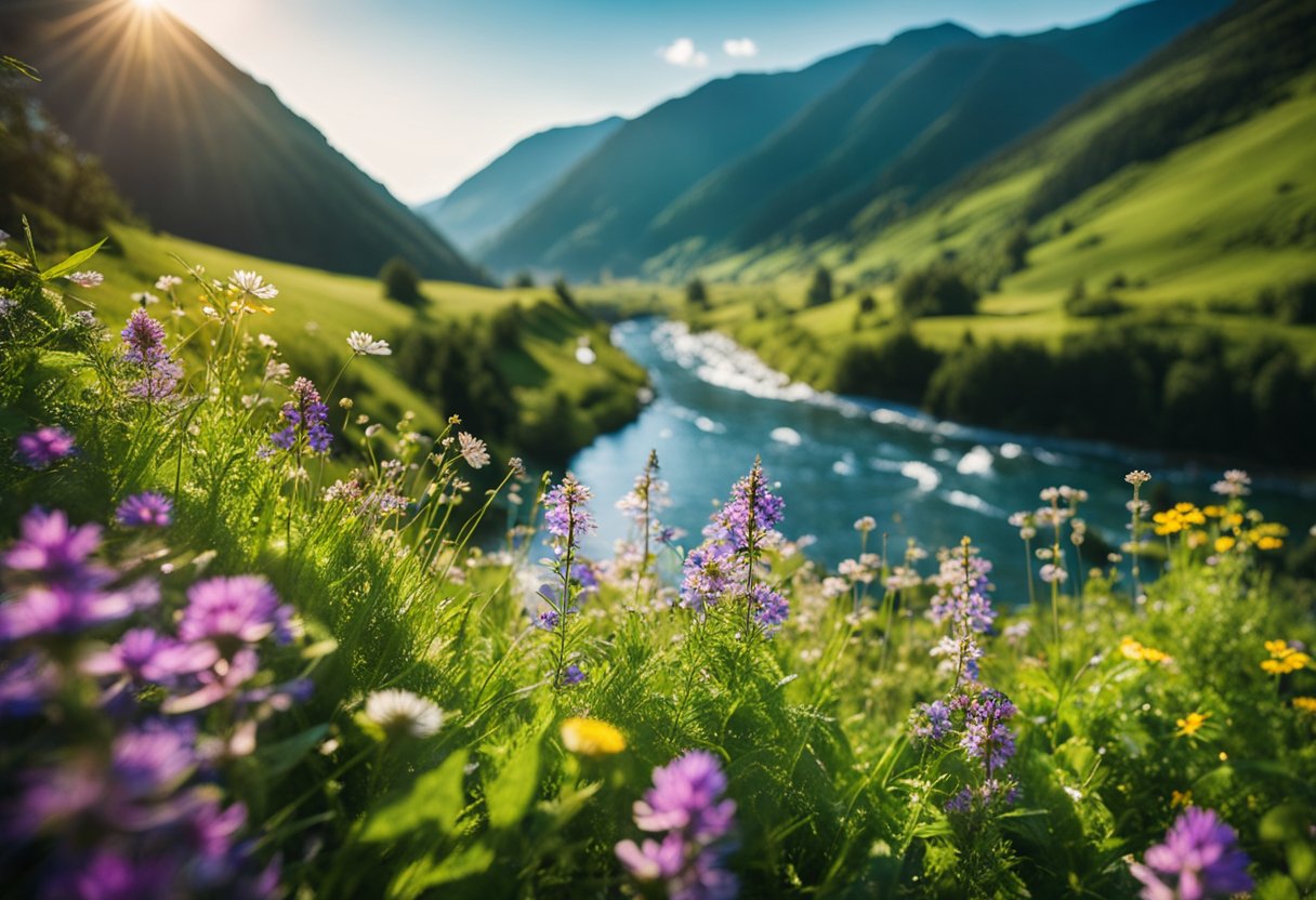 The sun shines over lush green hills and a crystal-clear river, with colorful wildflowers blooming in the foreground