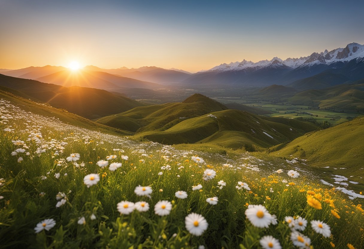 Sunset over lush green valley with snow-capped mountains in the distance. Wildflowers bloom along a winding river, as birds soar in the clear blue sky