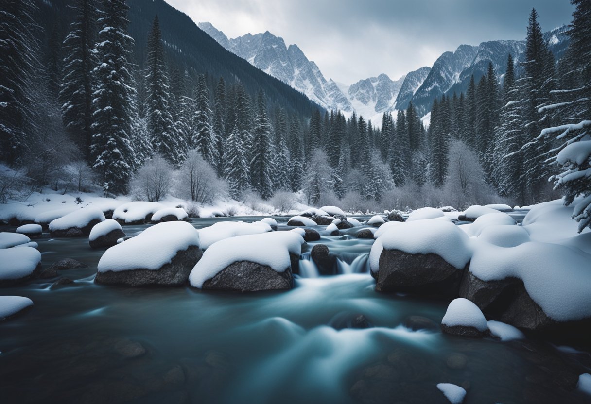 Snow-covered Kumrat Valley with frozen streams and pine trees. Snowflakes falling from the sky, creating a serene winter landscape