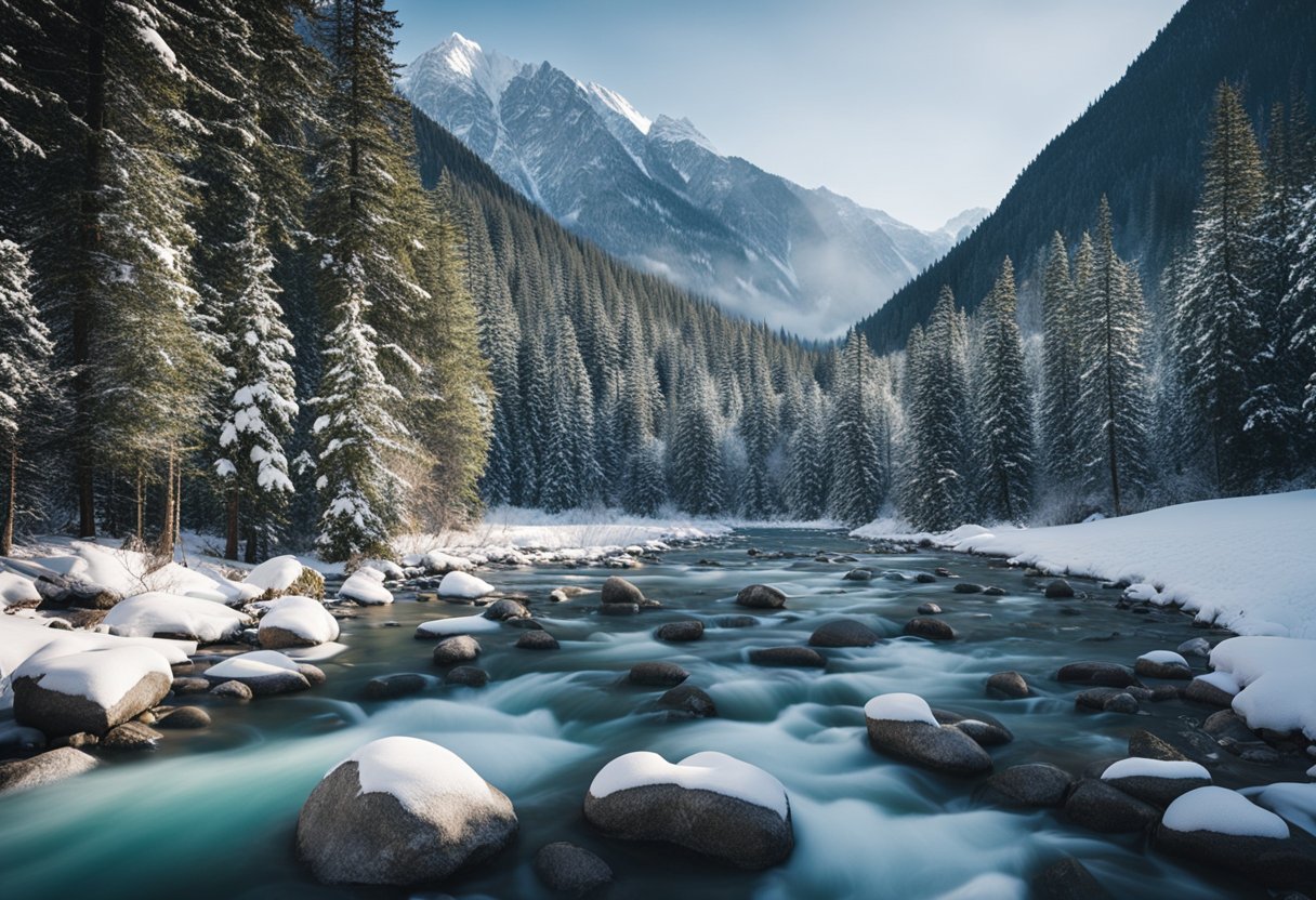 A snow-covered Kumrat Valley with frozen river and pine trees