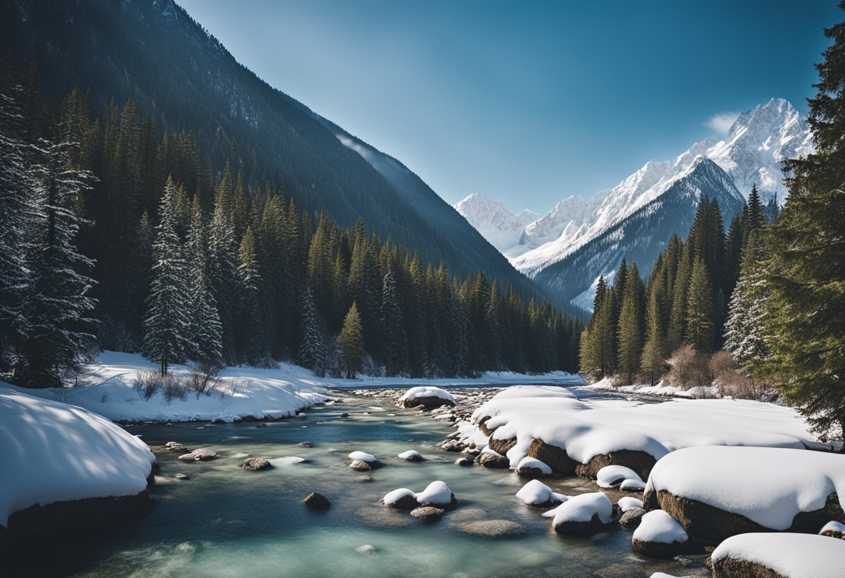 Snow-covered Kumrat Valley with clear blue skies, pine trees, and a frozen river. Snow-capped mountains in the background