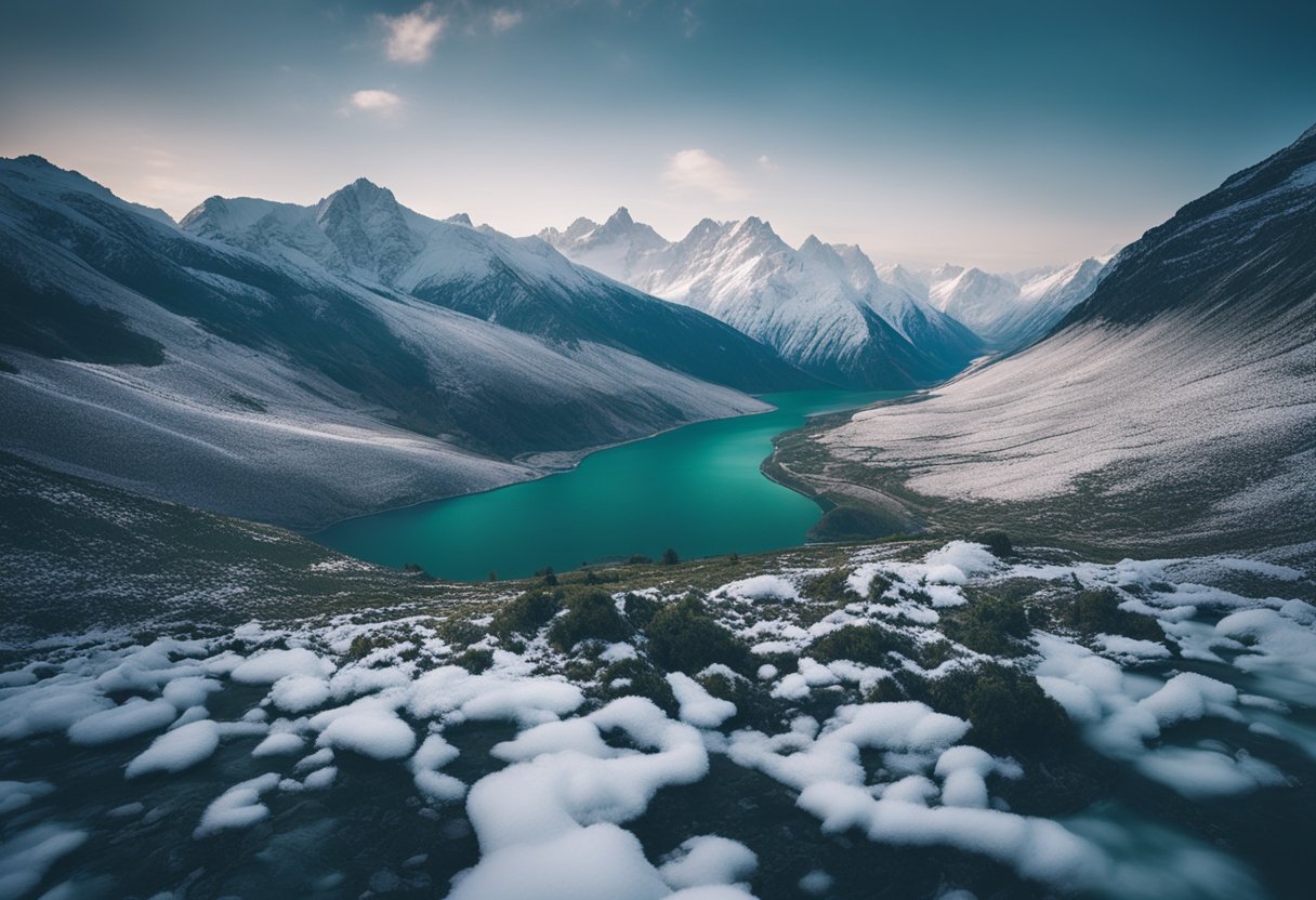 A lush green valley surrounded by snow-capped mountains and flowing rivers